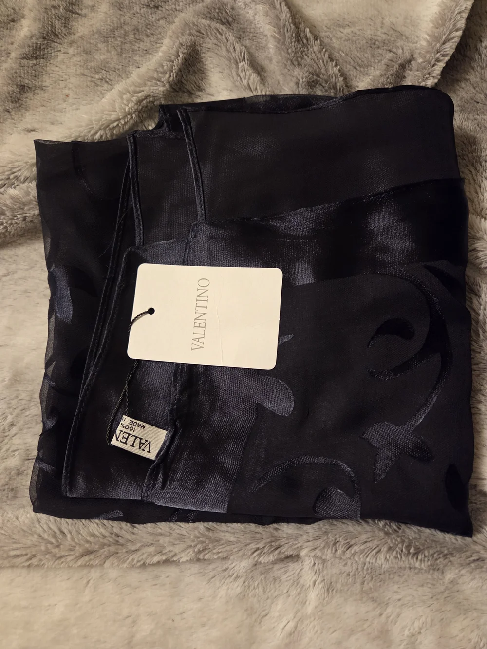 Valentino Navy Sheer Scarf with Scroll Motif NWT